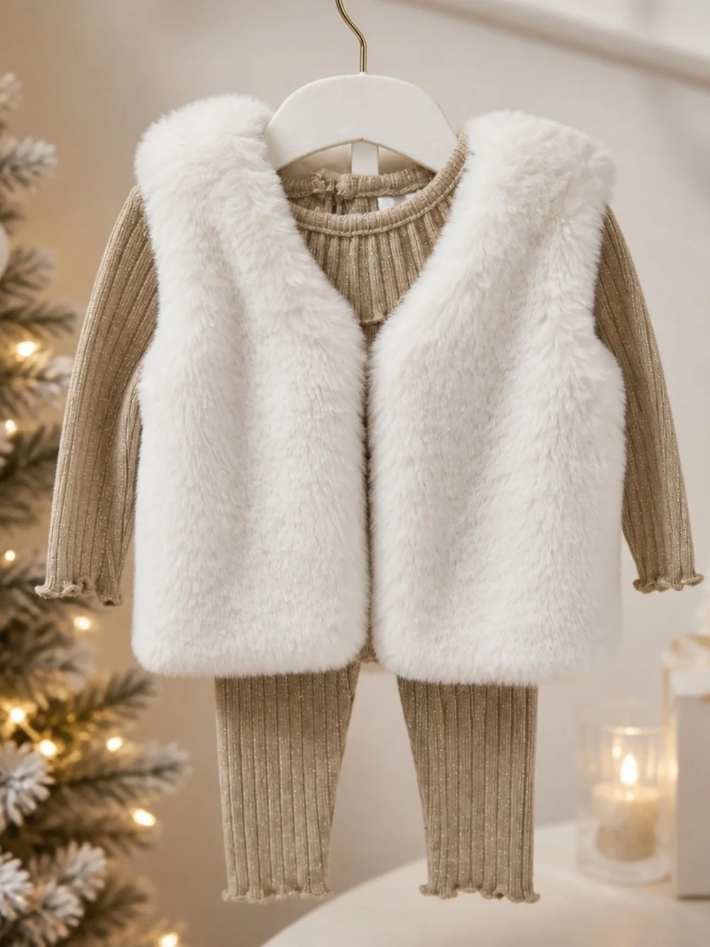 3 pcs Kids Matching Set with Cream Vest and Tan Ribbed Knit